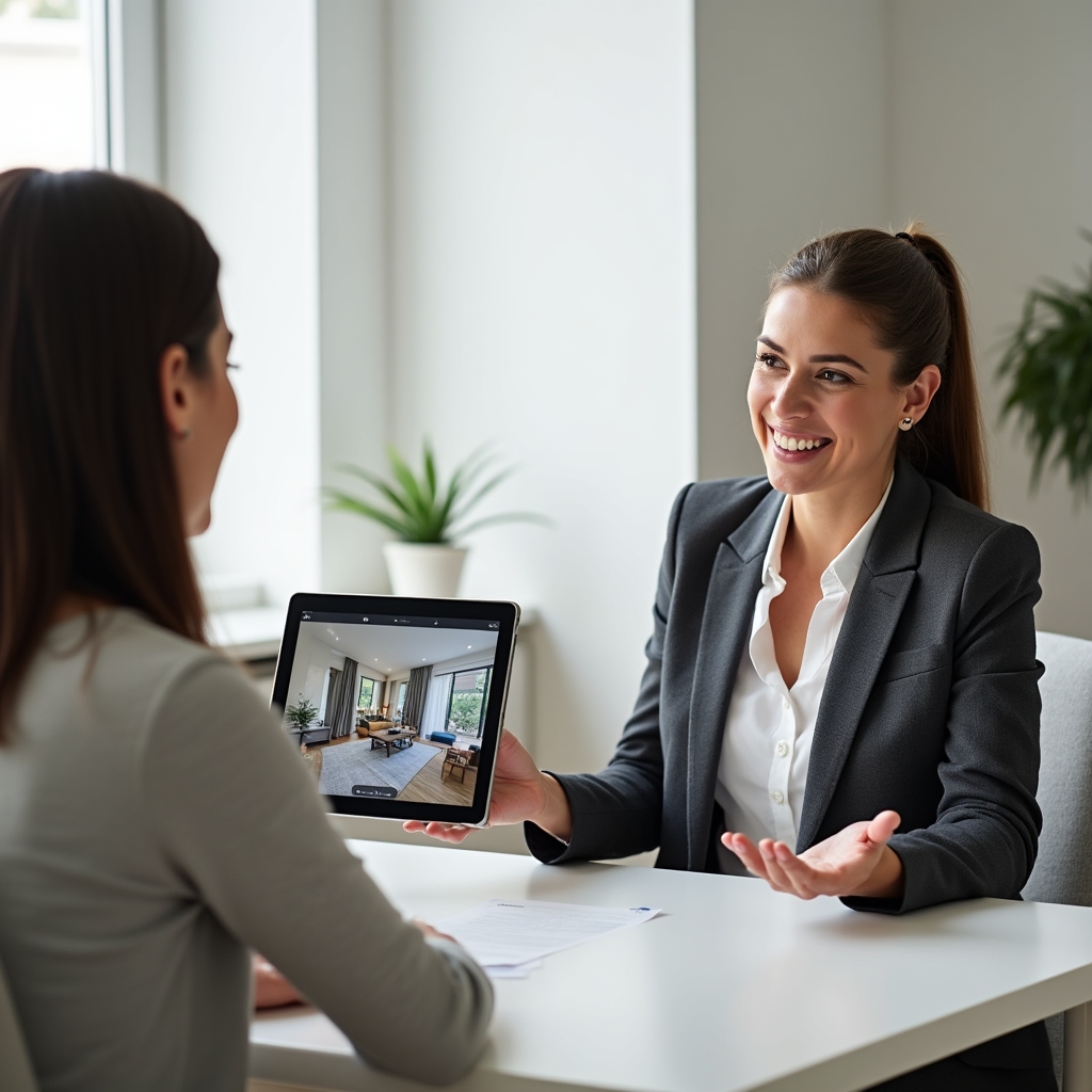 Real estate broker showing a virtual tour on a tablet to prospective buyers