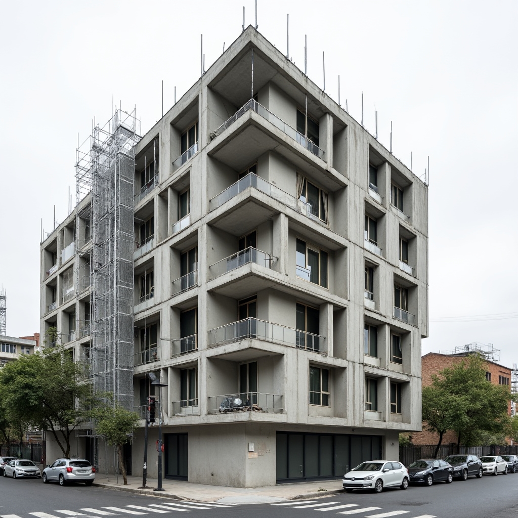 Residential building facade at mid-construction stage