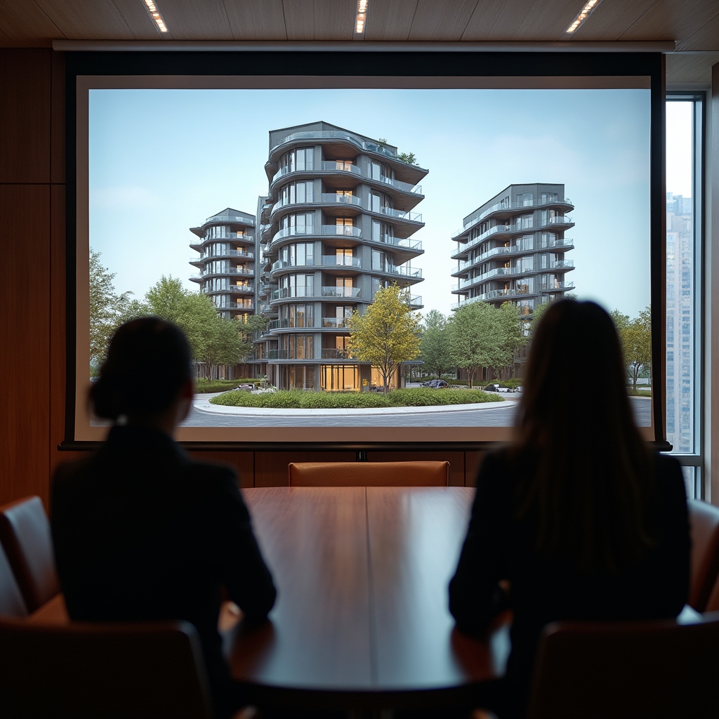 Interactive render displayed on a large presentation screen in a meeting room